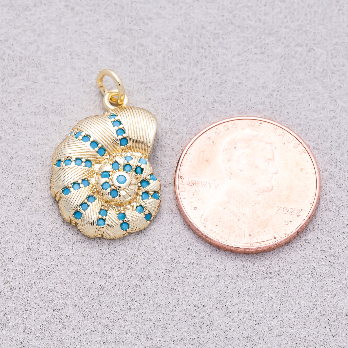 16K Gold Plated Turquoise CZ Textured Nautilus Seashell Ocean Charm - Sold Each