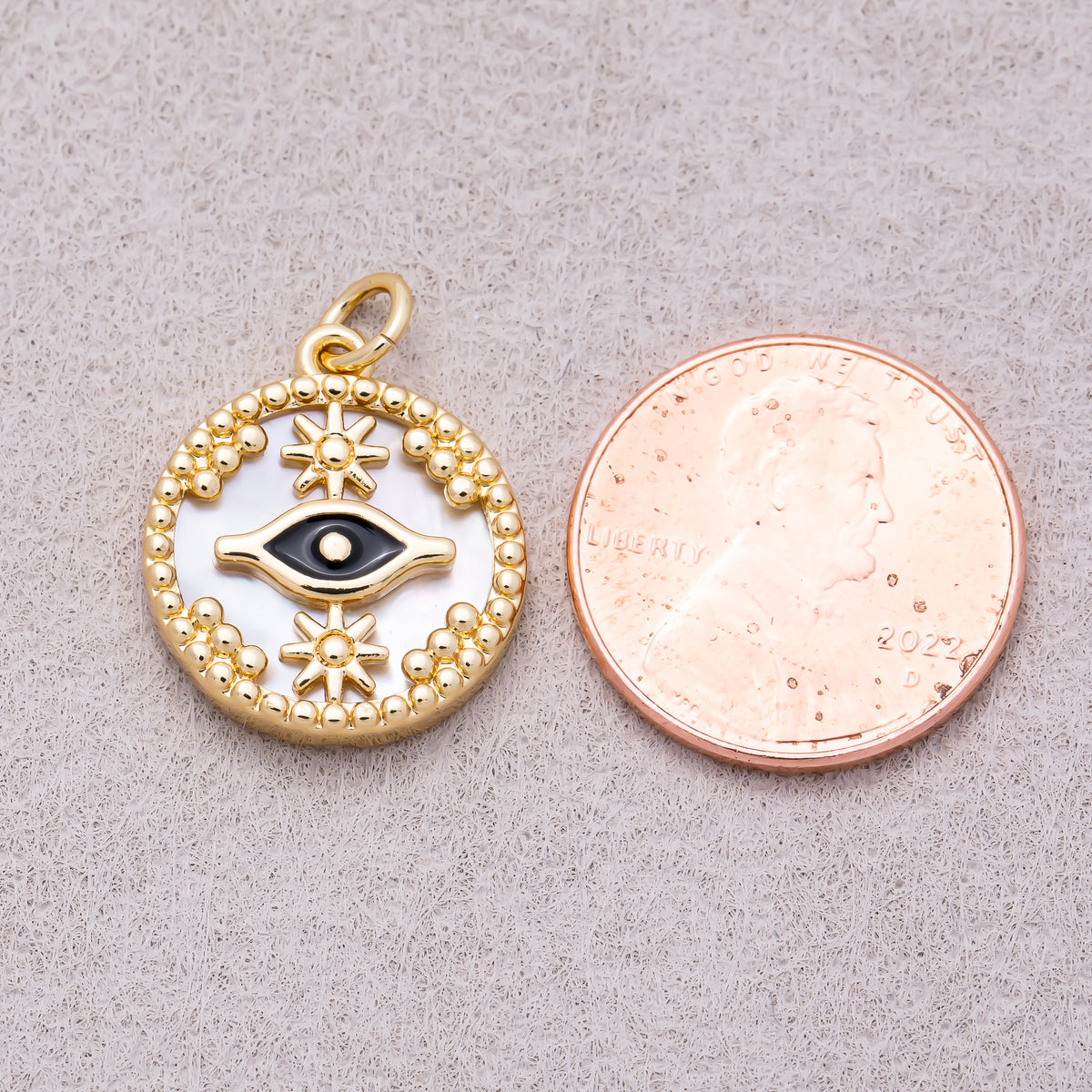16K Gold Plated Black Evil Eye Star Shell Pearl Round Charm - Sold Each