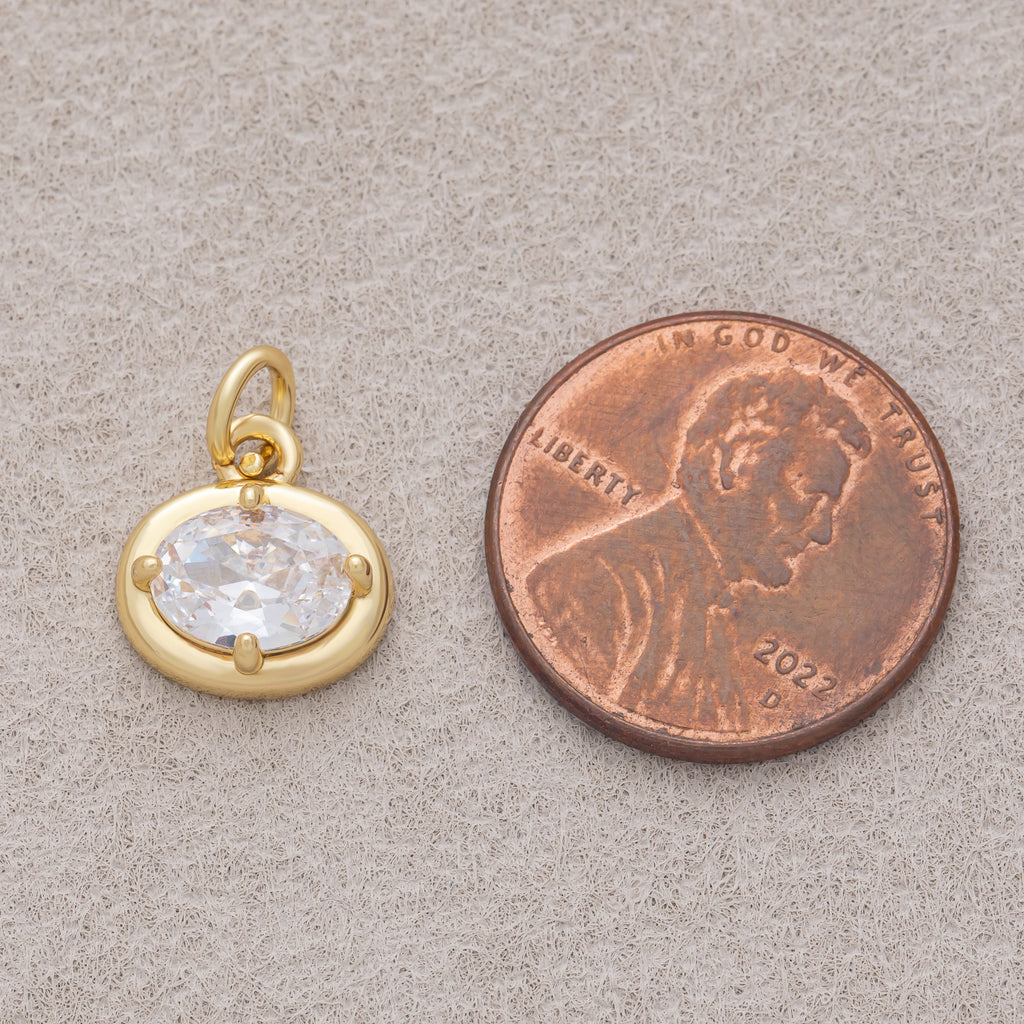 16K Gold Plated Clear CZ Minimalist Bezel Oval Charm - Sold Each