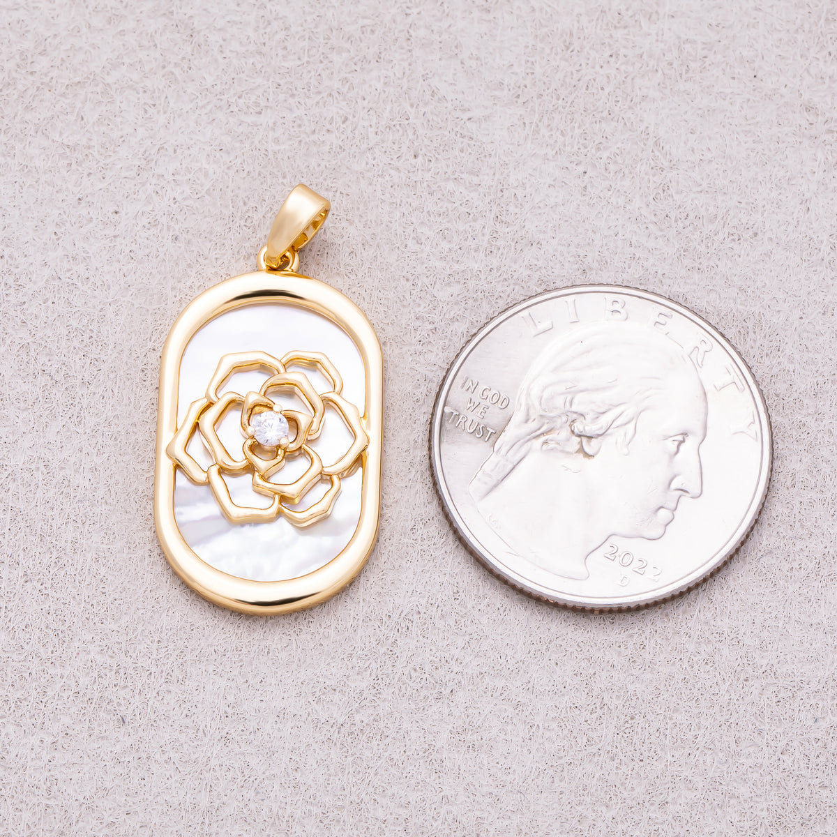 16K Gold Plated Clear CZ Shell Pearl Rose Flower Oblong Oval Bezel Pendant - Sold Each
