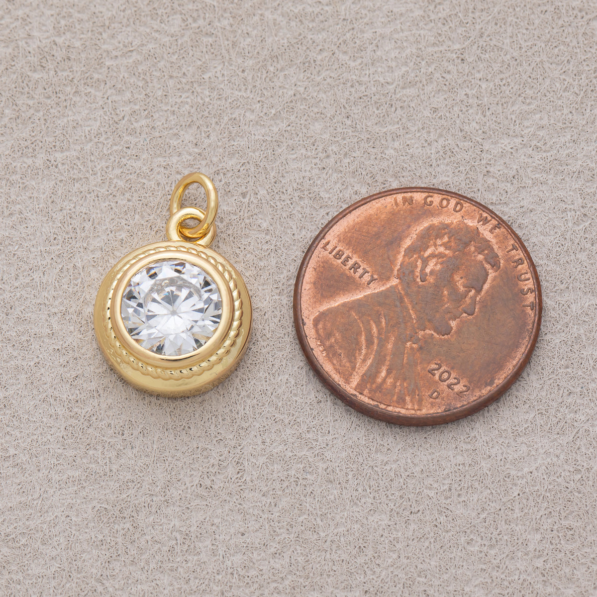 16K Gold Plated Clear CZ Minimalist Bezel Round Charm - Sold Each