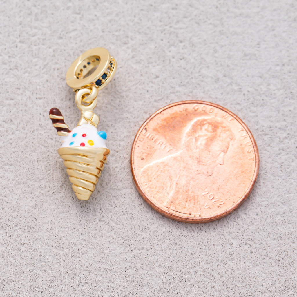 16K Gold Plated Micro Paved CZ Slider Colorful Enamel Ice Cream Cone Pendant - Sold Each