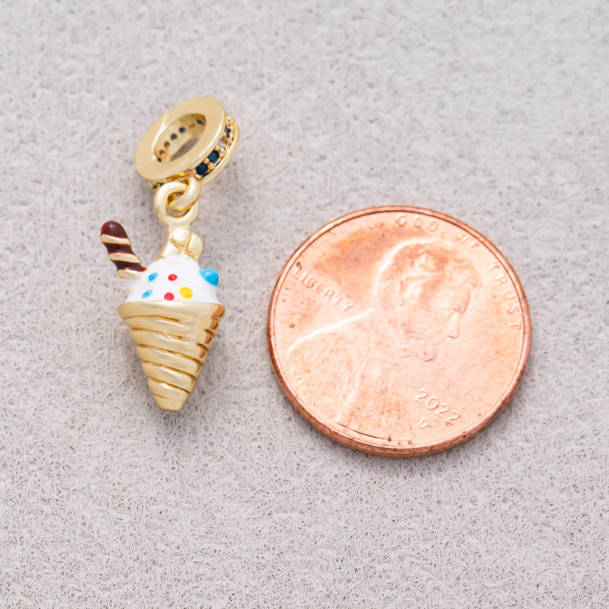 16K Gold Plated Micro Paved CZ Slider Colorful Enamel Ice Cream Cone Pendant - Sold Each