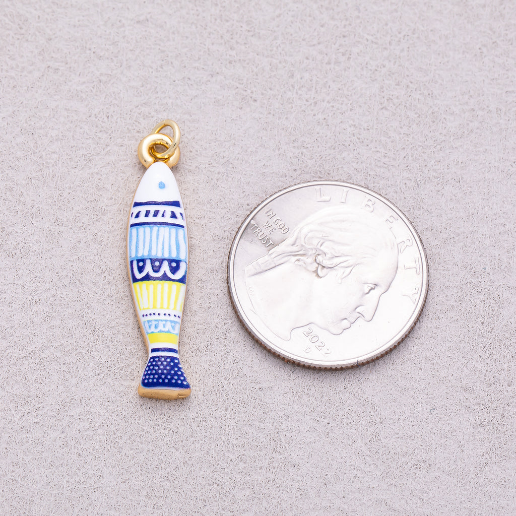 16K Gold Plated Colorful Mediterranean Enamel Sardine Fish Charm - Sold Each