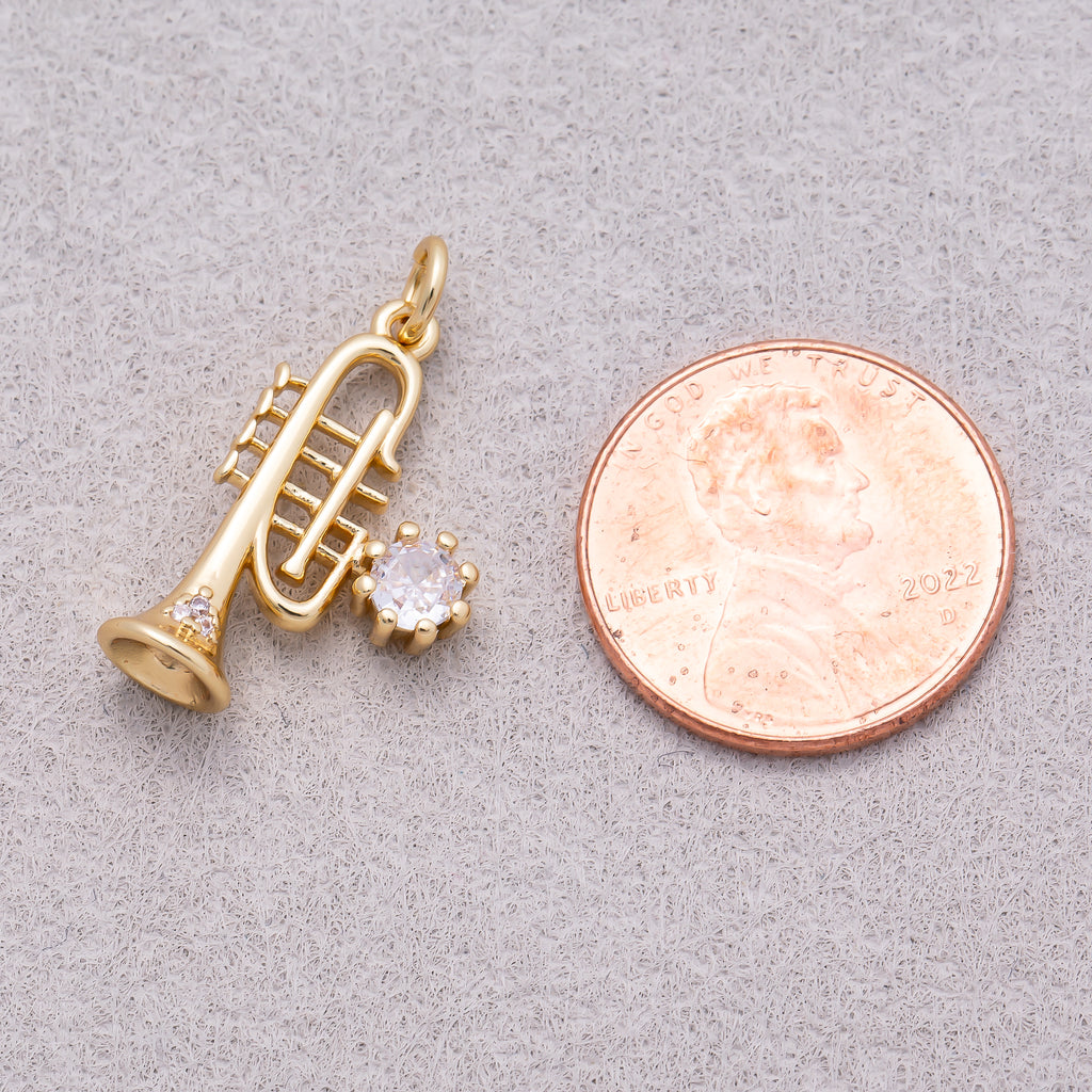 16K Gold Plated Clear CZ 3D Trumpet Musical Instrument Charm - Sold Each