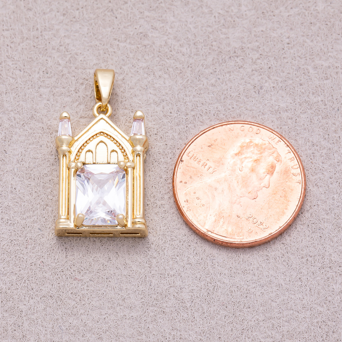 16K Gold Plated Clear CZ Architectural Vintage Church Pendant - Sold Each