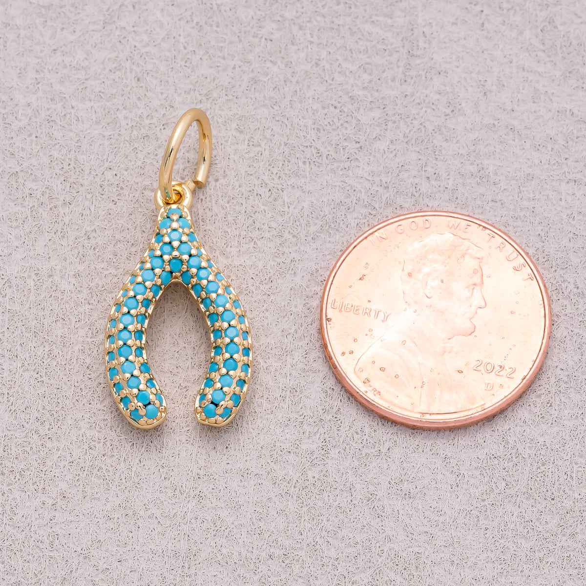 16K Gold Plated Turquoise and Clear Micro Paved CZ Wishbone Lucky Charm - Sold Each