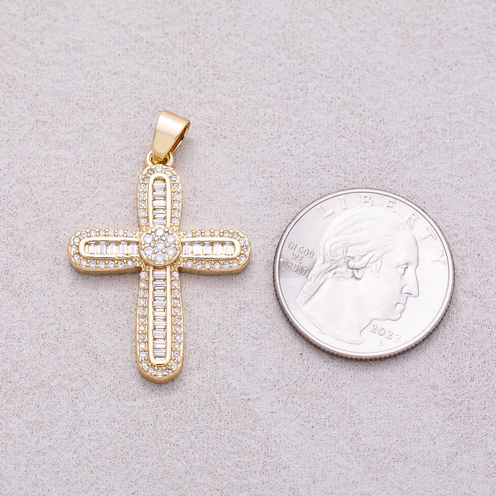 16K Gold Plated Baguette & Round Micro Paved CZ Cross Religious Pendant - Sold Each
