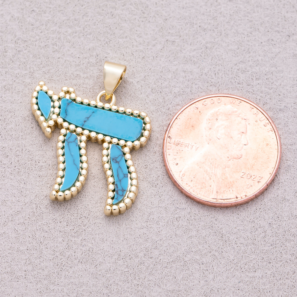16K Gold Plated Turquoise, White Quartz Natural Gemstone Beaded Edge Chai Symbol Religious Pendant - Sold Each