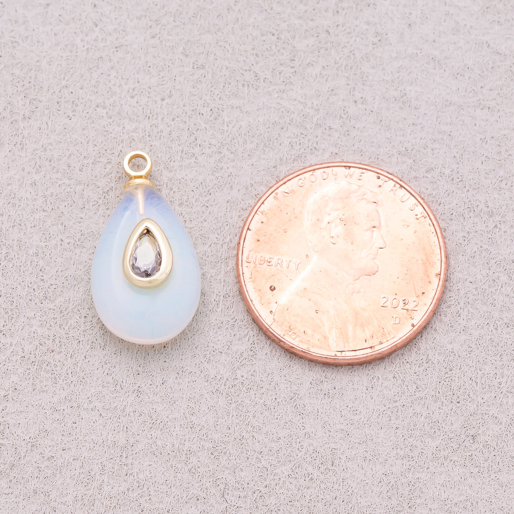 16K Gold Plated Clear CZ Embedded White Opal Gemstone Teardrop Charm - Sold Each