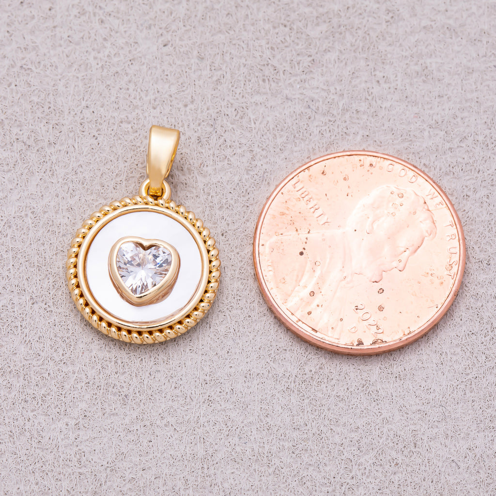 16K Gold Plated Clear CZ Heart Shell Pearl Croissant Bezel Round Pendant - Sold Each