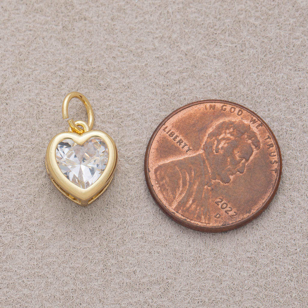 16K Gold Plated Clear CZ Minimalist Bezel Heart Charm - Sold Each