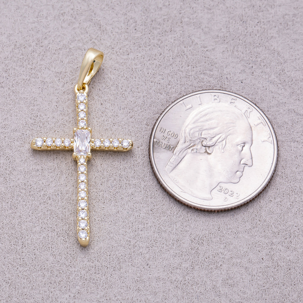 16K Gold Plated Clear Baguette Micro Paved CZ Cross Religious Pendant - Sold Each