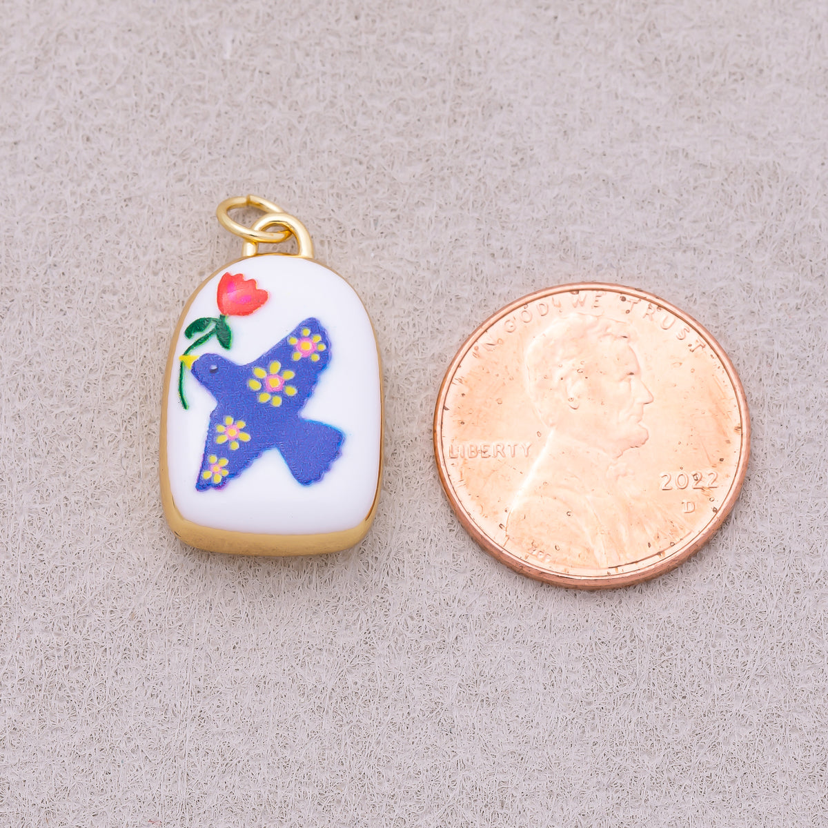 16K Gold Plated Bird Dove of Peace with Flower Plant Enamel Charm - Sold Each