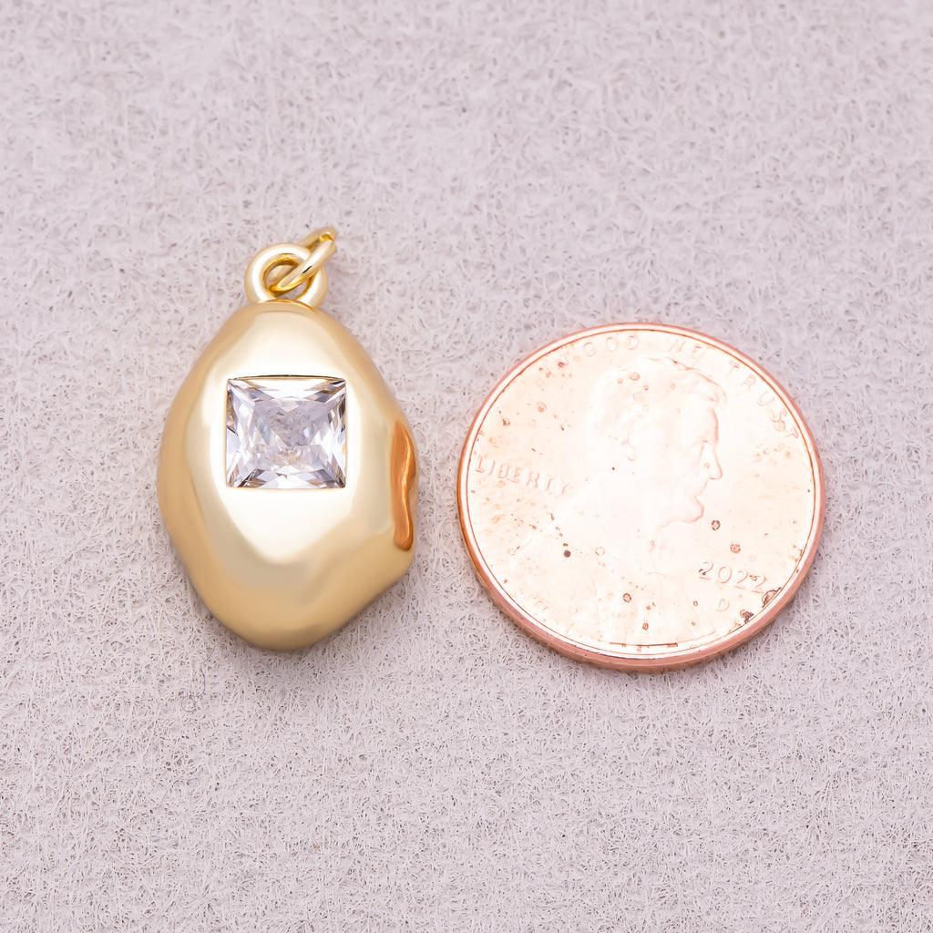 16K Gold Plated Clear Baguette CZ Square Geometric Molten Bezel Chubby Charm - Sold Each