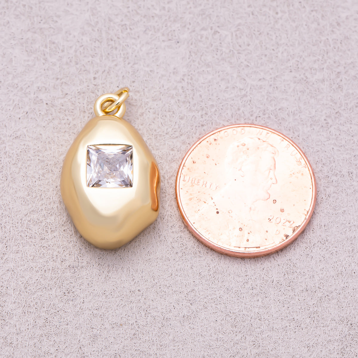 16K Gold Plated Clear Baguette CZ Square Geometric Molten Bezel Chubby Charm - Sold Each