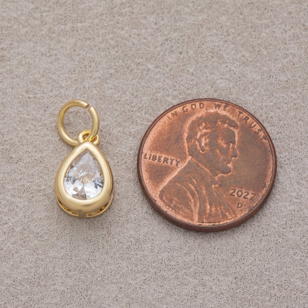 16K Gold Plated Clear CZ Minimalist Bezel Teardrop Charm - Sold Each