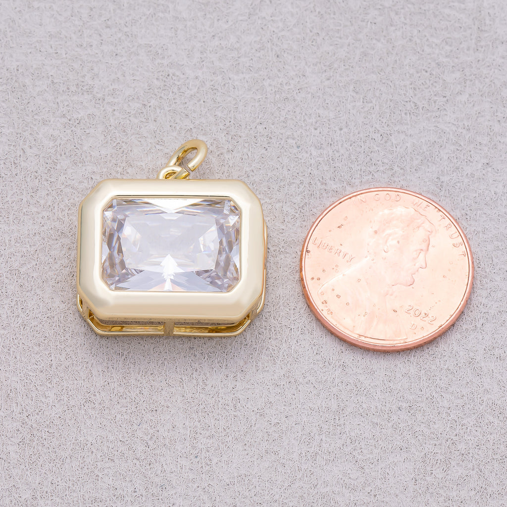 16K Gold Plated Solitaire Clear CZ Rectangular Bezel Charm - Sold Each