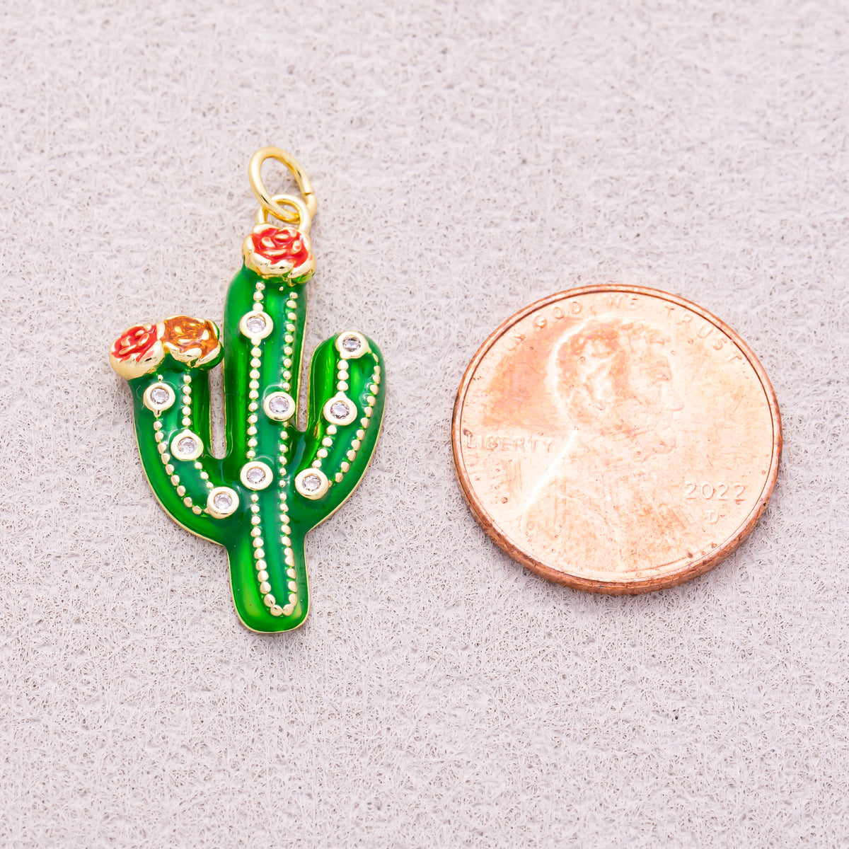 16K Gold Plated Clear CZ Plant Cactus Enamel Charm - Sold Each