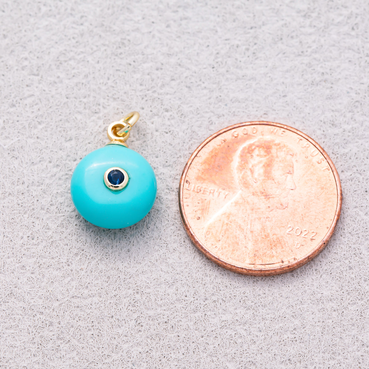 16K Gold Plated Blue CZ Embedded Blue Apatite Gemstone Round Charm - Sold Each