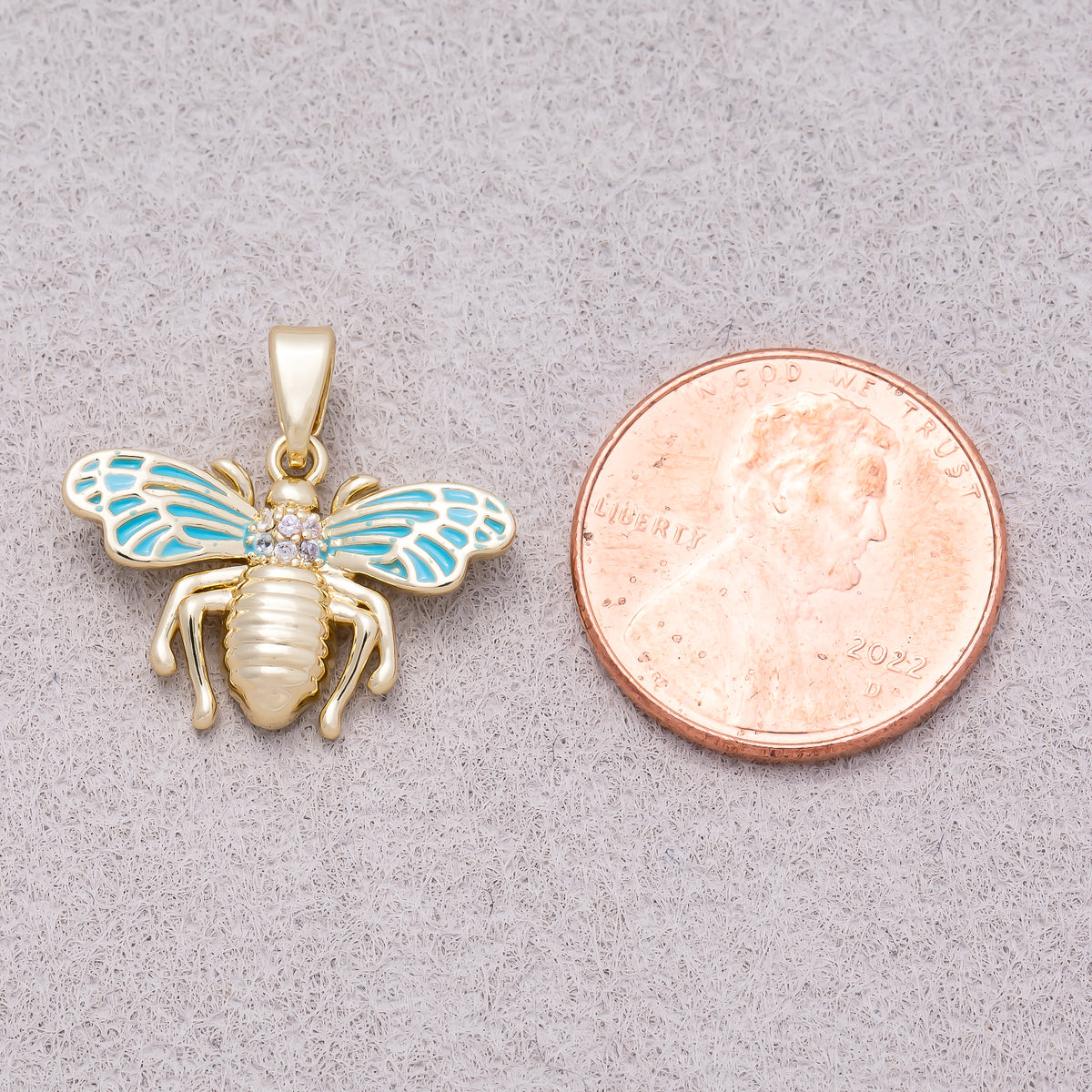 16K Gold Plated Clear CZ Blue Enamel Bumble Bee Animal Pendant - Sold Each