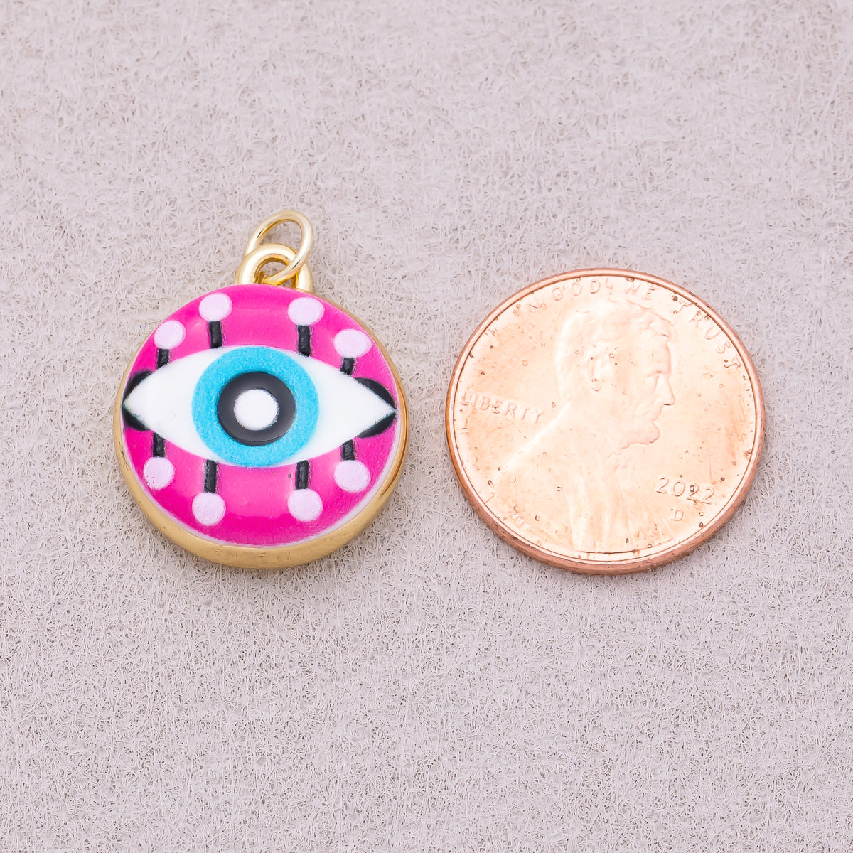 16K Gold Plated Blue Pink Evil Eye Enamel Round Charm - Sold Each