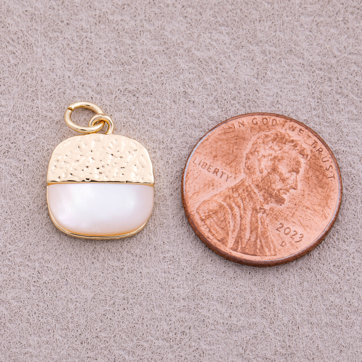16K Gold Plated Mother Of Pearl Half Square Textured Medallion Charm - Sold Each
