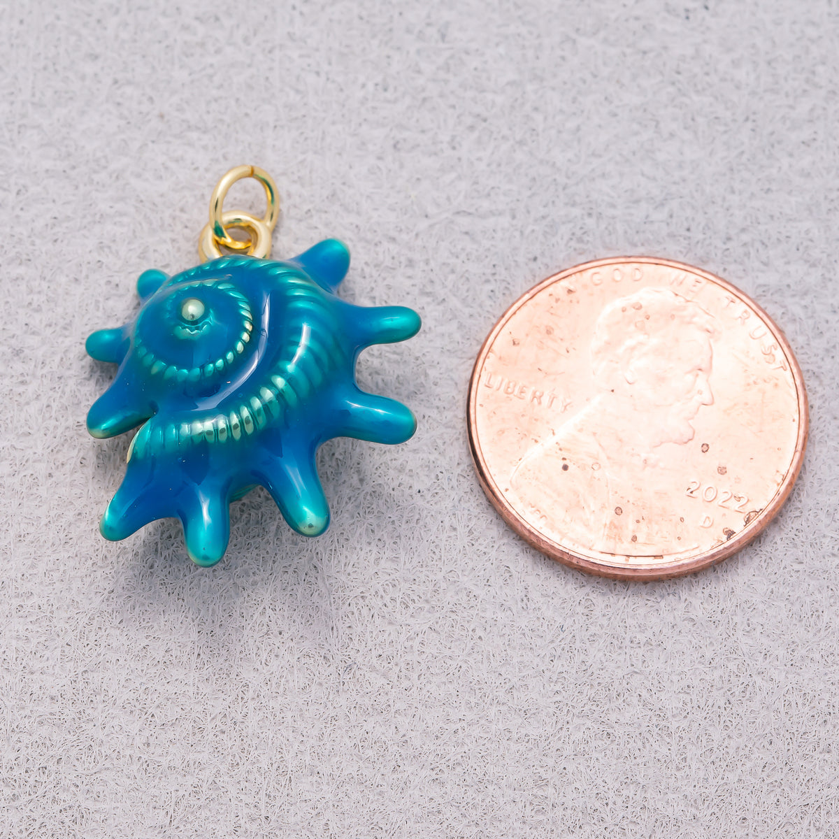 16K Gold Plated Blue and White Spiny Ocean Sea Shell Enamel Charm - Sold Each
