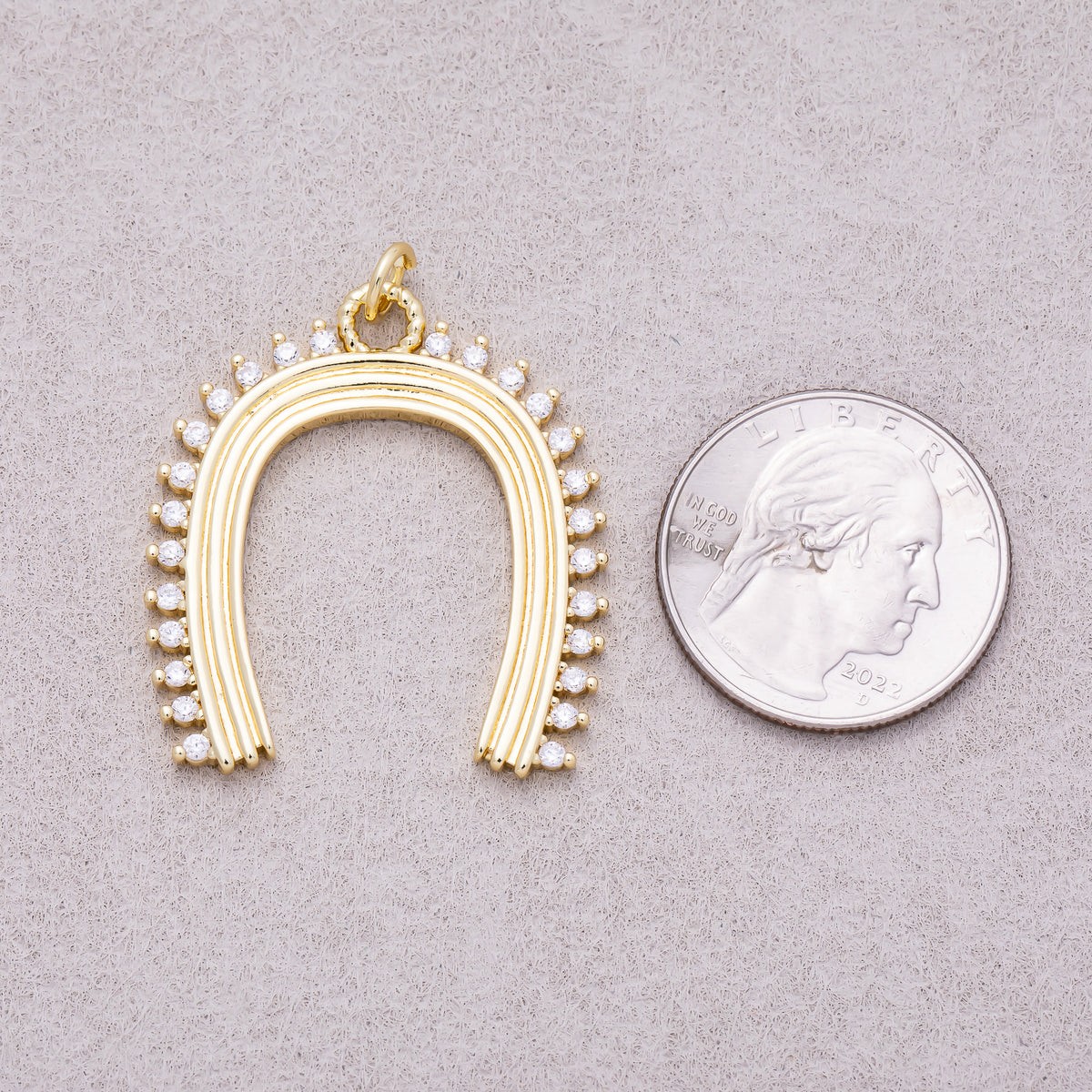 16K Gold Plated Clear CZ Lined Ribbed Horseshoe Charm - Sold Each