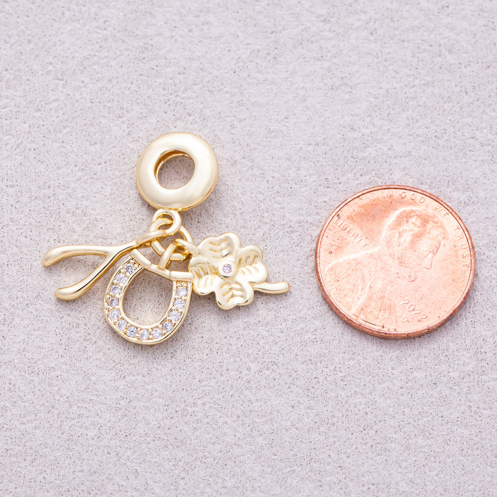 16K Gold Plated Clear CZ Horseshoe, Clover, Wishbone Triple Lucky Dangle Charm - Sold Each
