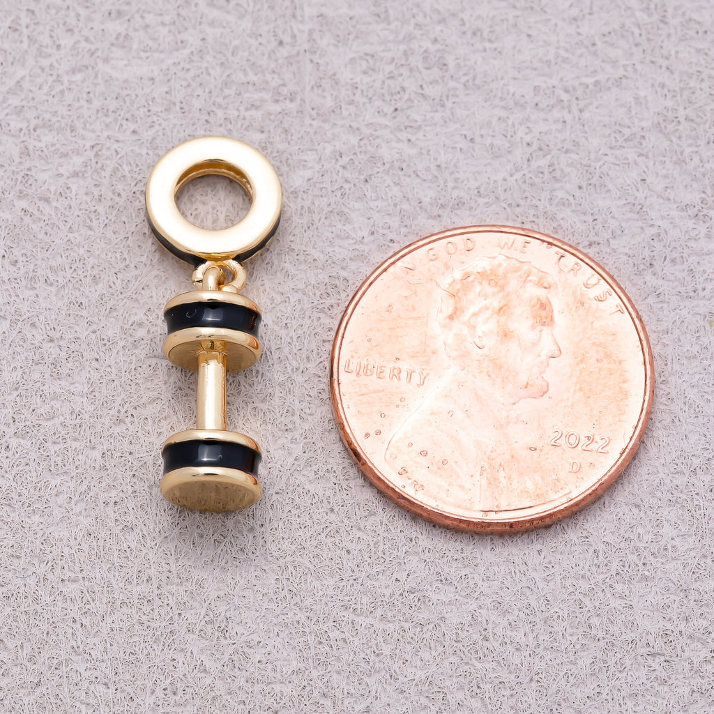 16K Gold Plated Black Enamel Dumbbell Fitness Slider Pendant - Sold Each