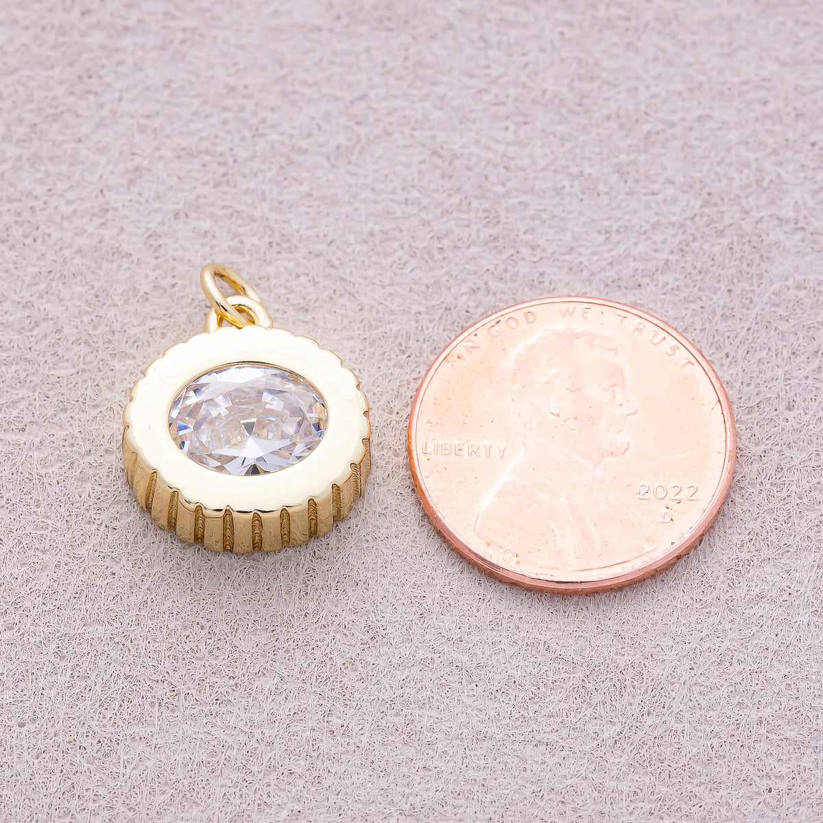 16K Gold Plated Clear CZ Round Solitaire Ribbed Charm - Sold Each