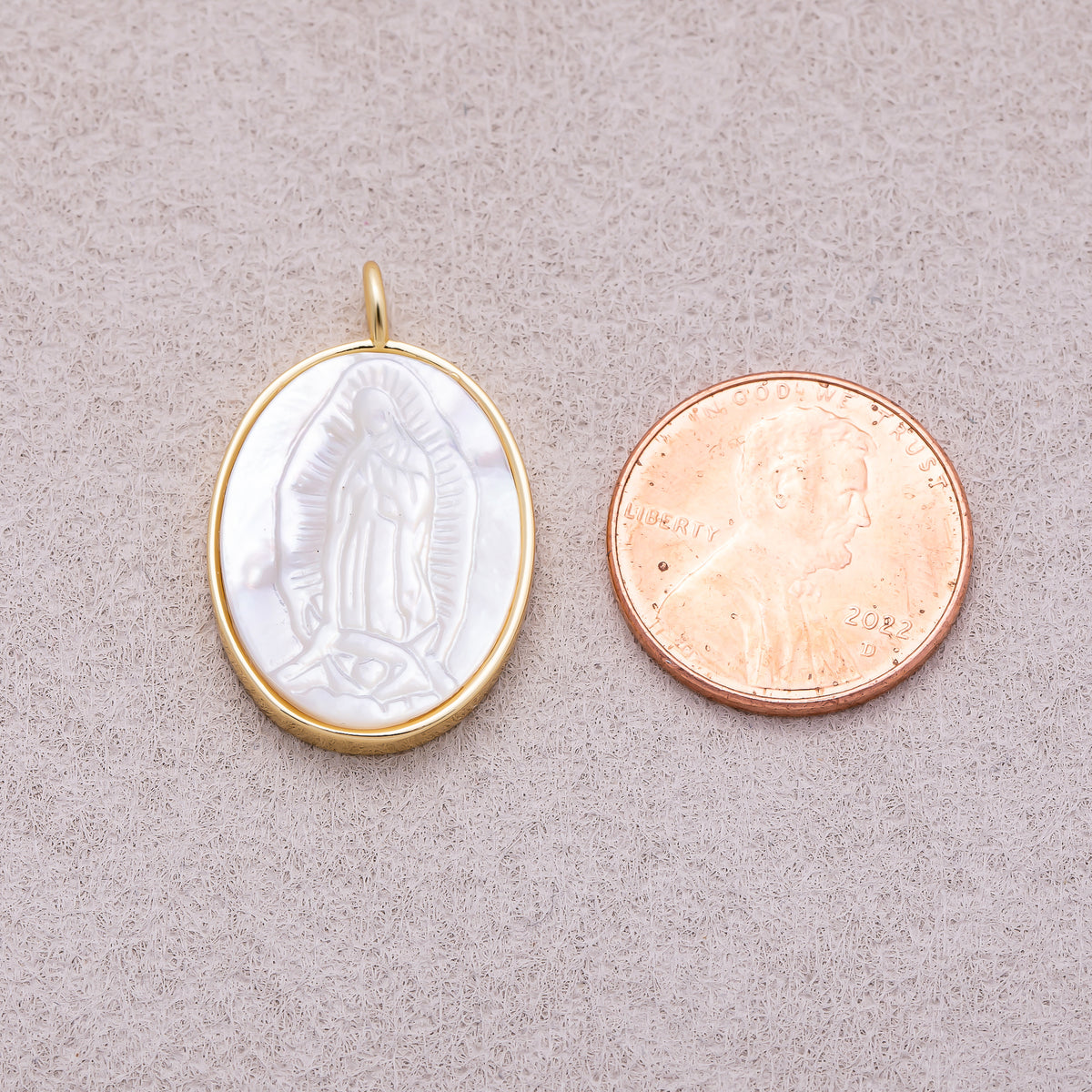 16K Gold Plated Carved White Mother of Pearl Virgin Mary Oval Cameo Pendant - Sold Each