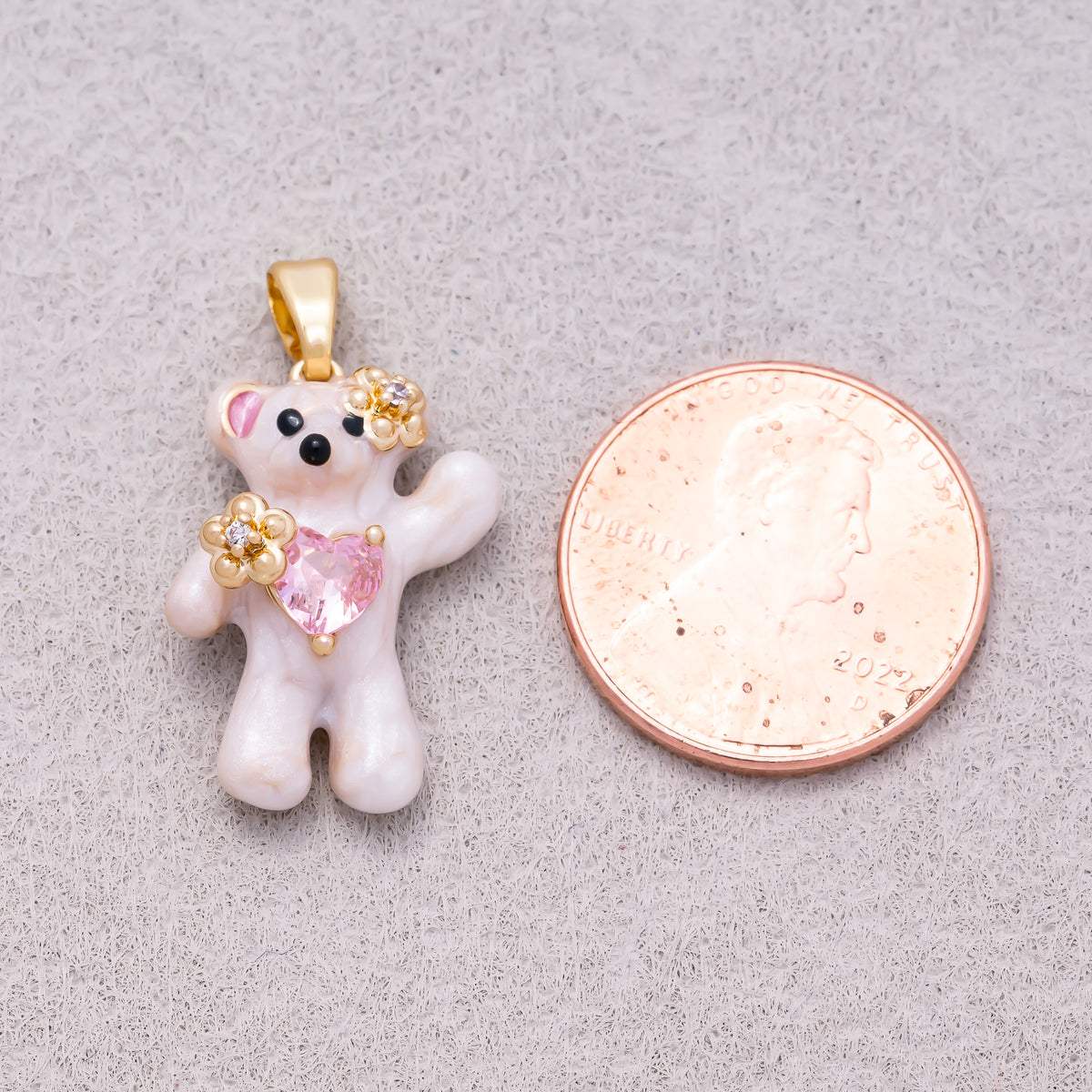 16K Gold Plated Clear CZ Pink Enamel Heart Flower Teddy Bear Pendant - Sold Each