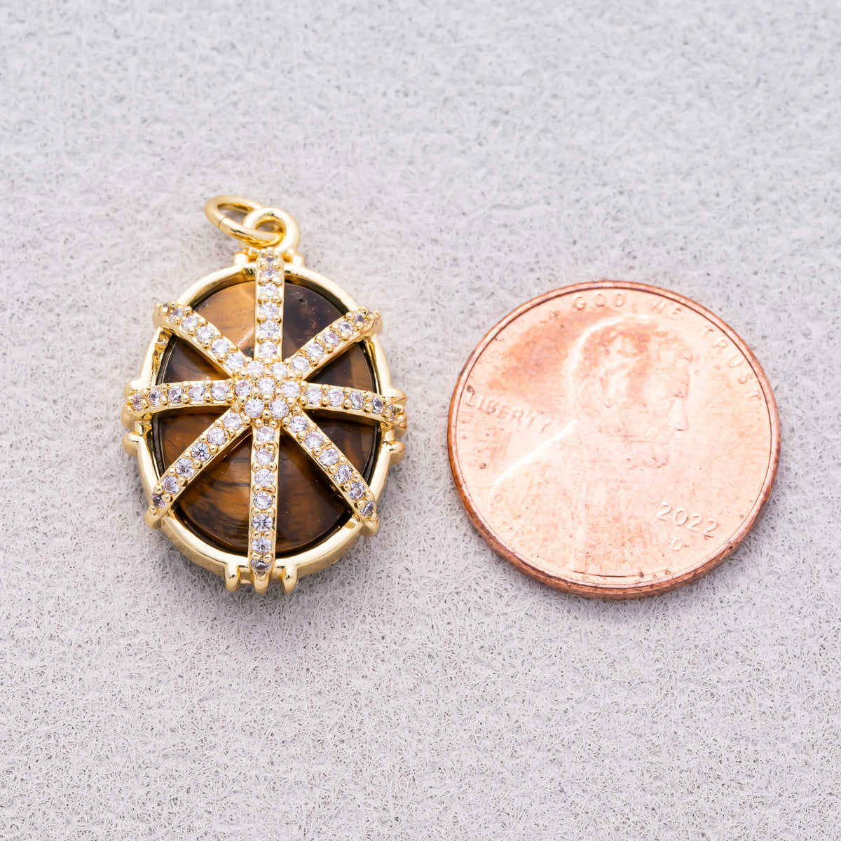 16K Gold Plated Micro Paved CZ Oval Natural Gemstone Starburst Overlay Pendant - Sold Each