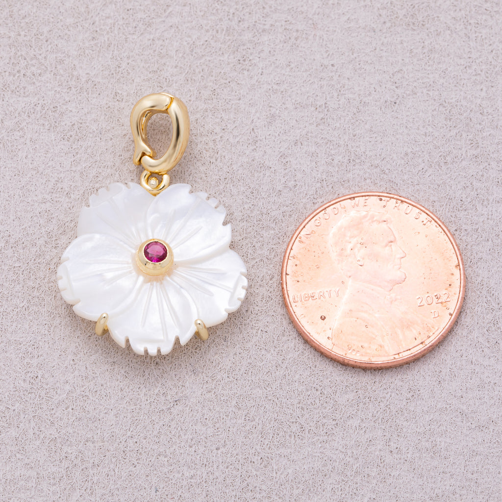 16K Gold Plated Mother of Pearl Blooming Flower Personal Birthstone Pendant - Sold Each