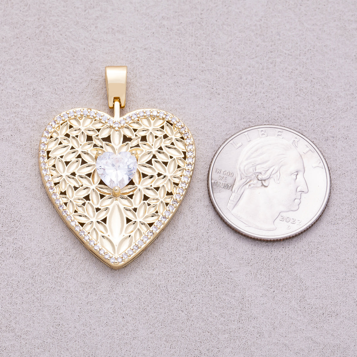 16K Gold Plated Heart CZ Filigree Flower Openwork Heart Pendant - Sold Each