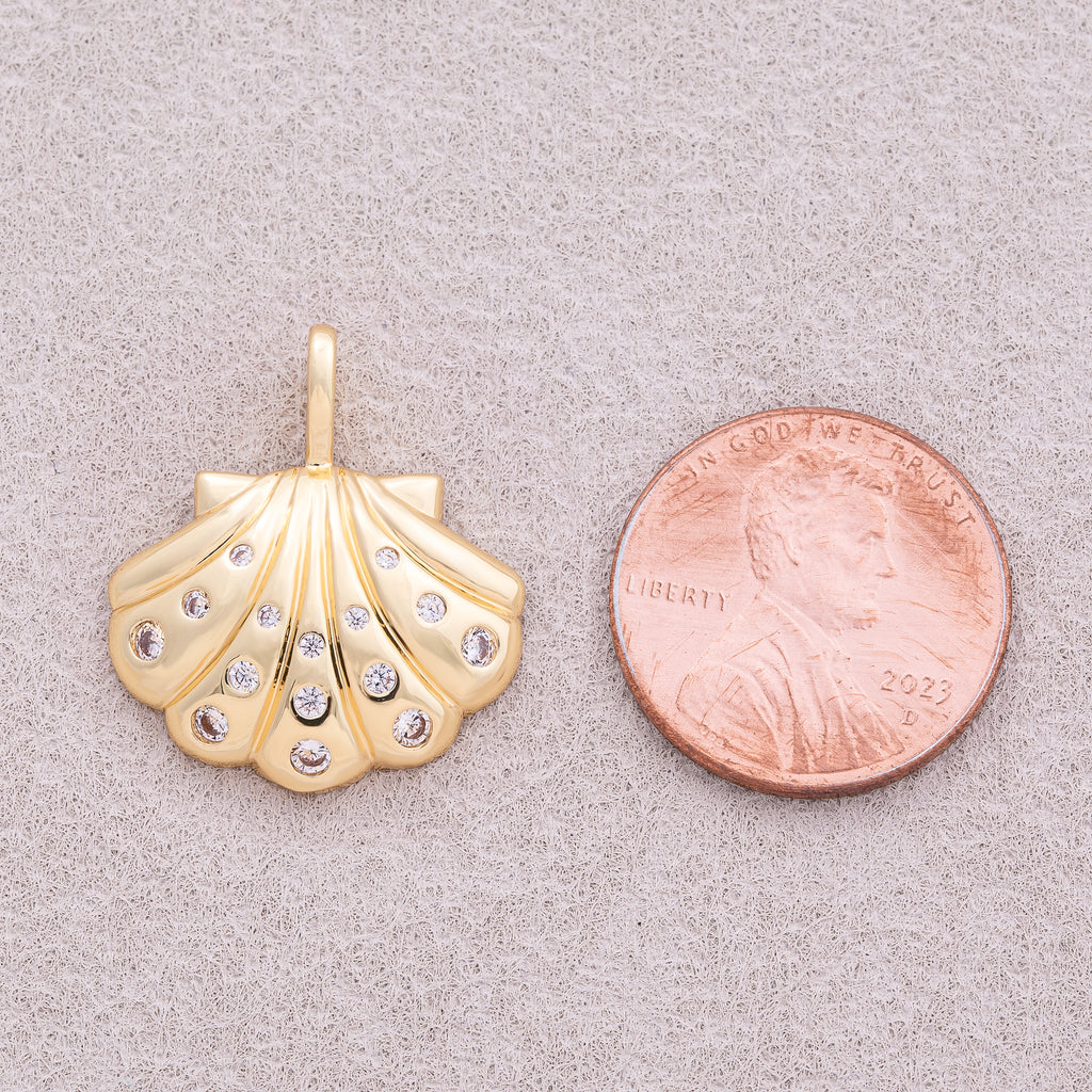 16K Gold Plated Micro Paved CZ Ocean Sea Shell Pendant - Sold Each