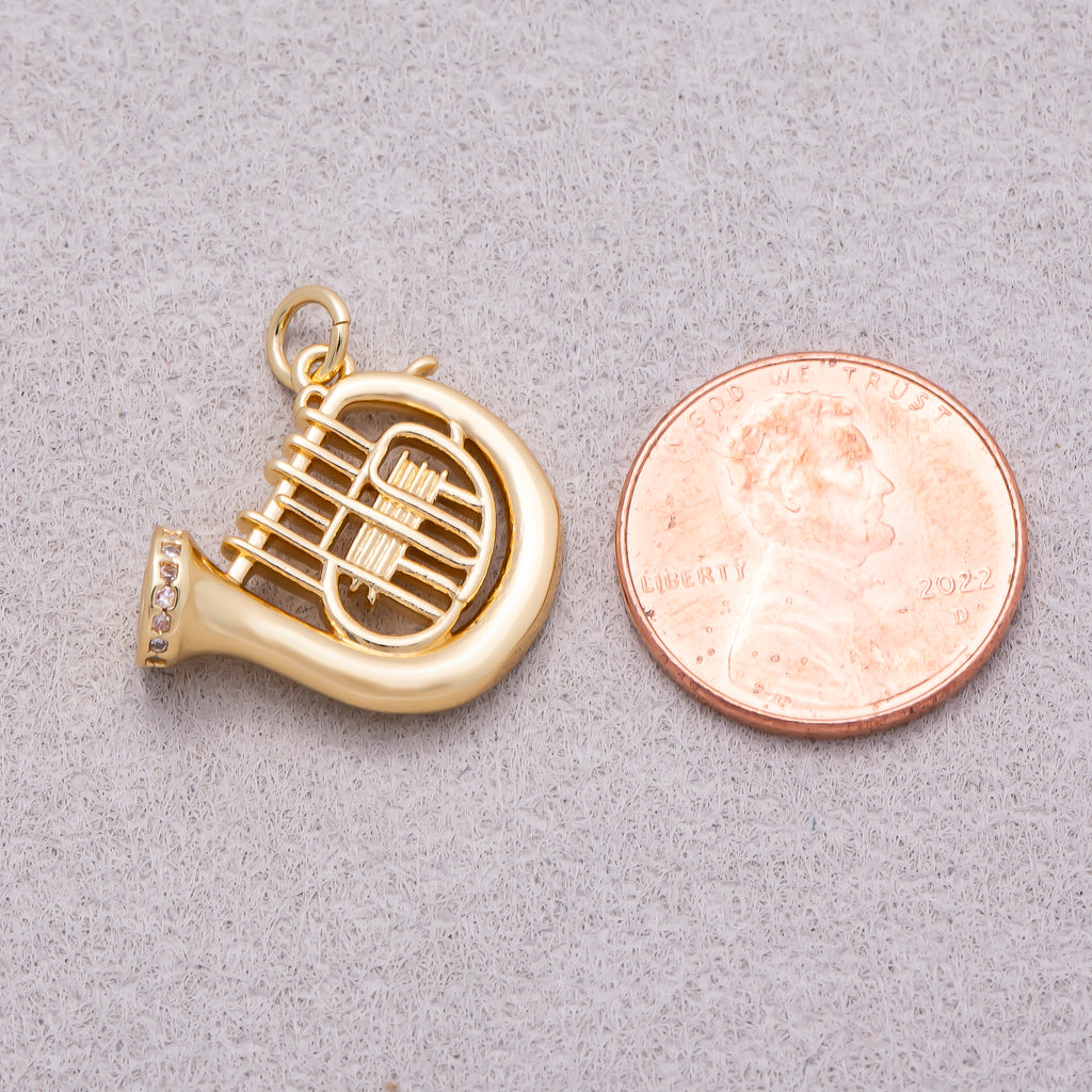 16K Gold Plated Clear CZ French Horn Musical Instrument Charm - Sold Each