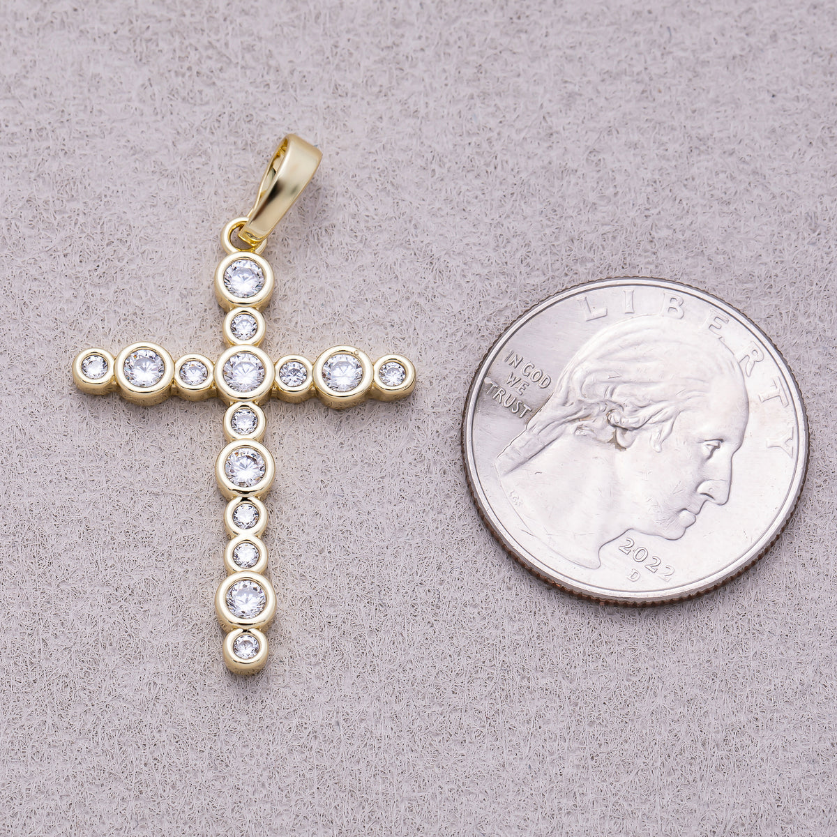 16K Gold Plated Clear CZ Round Bezel Cross Religious Pendant - Sold Each