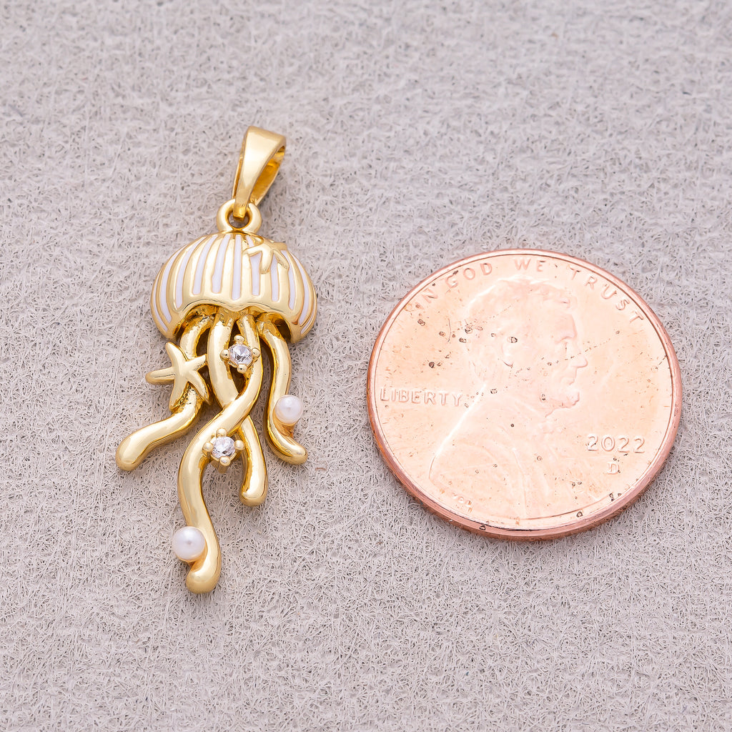 16K Gold Plated Clear CZ Celestial Jelly Fish Ocean Charm - Sold Each