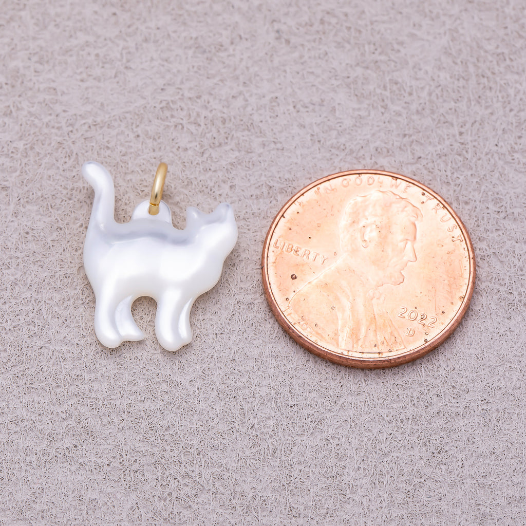 18K Gold Plated Black, White Shell Pearl Cat Kitten Pet Animal Charm - Sold Each