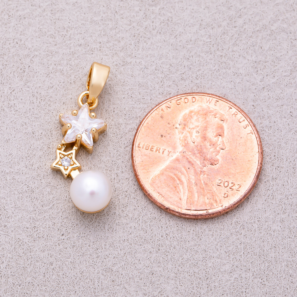 16K Gold Plated Double Star CZ & Shell Pearl Drop Pendant - Sold Each