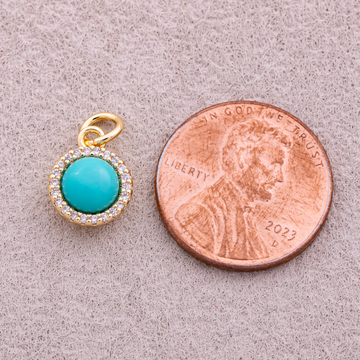 18K Gold Plated Micro Paved CZ Turquoise Natural Gemstone Mini Round Charm - Sold Each