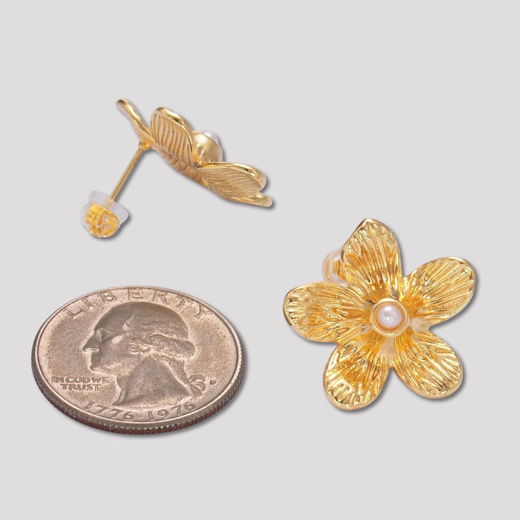 Launch Promo: 24K Gold PVD Stainless Steel Shell Pearl Hammered Petal Flower Stud Earring in Gold & Silver