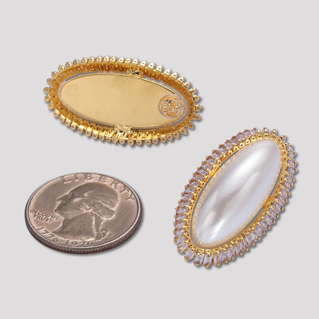 Launch Promo: 24K Gold PVD Stainless Steel Shell Pearl Oval Bezel CZ Statement Stud Earring | Sold Each