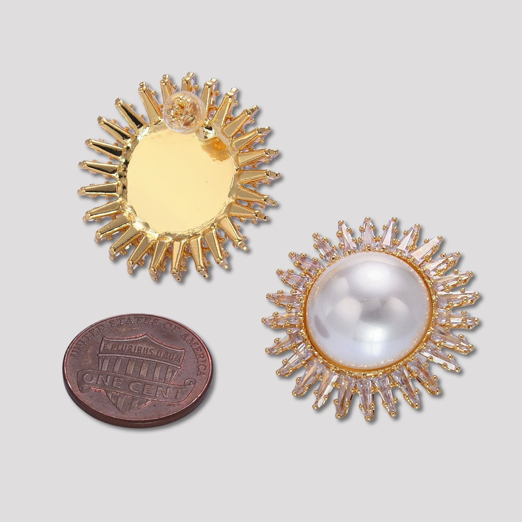 Launch Promo: 24K Gold PVD Stainless Steel Shell Pearl Clear CZ Sunburst Stud Earring