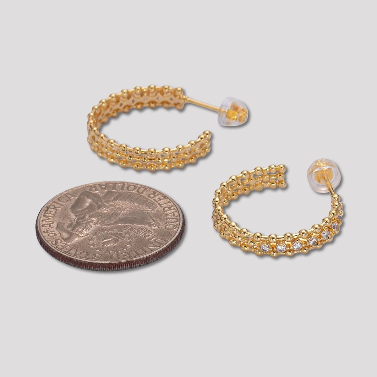 24K Gold Plated Micro Paved CZ Beaded Textured C Hoop Earrings