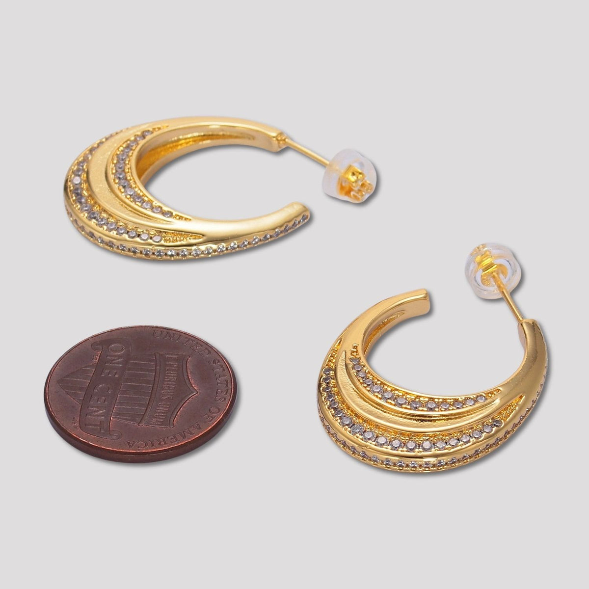 24K Gold Plated Micro Paved CZ Double Crescent Moon Hoop Earrings