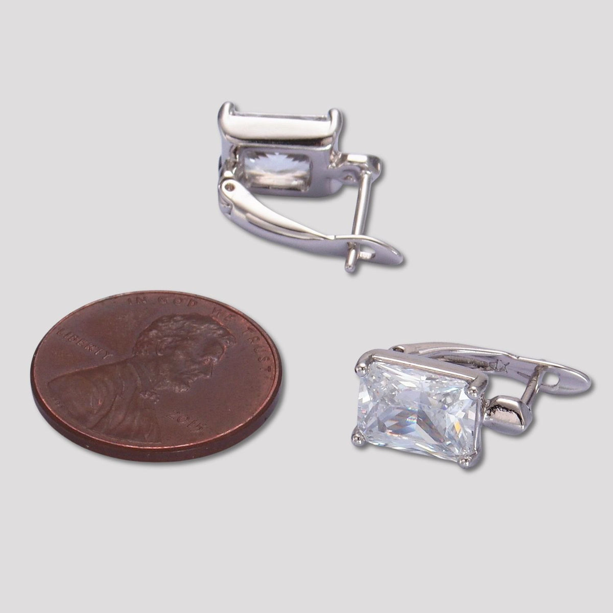Rhodium Plated Simple Baguette CZ Huggie Hoop Earrings